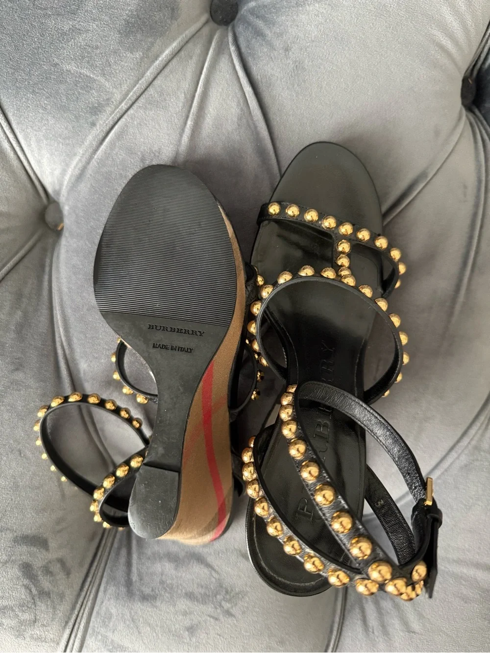 Worn Once! Burberry Black Strappy Studded Check Wedge Sandals